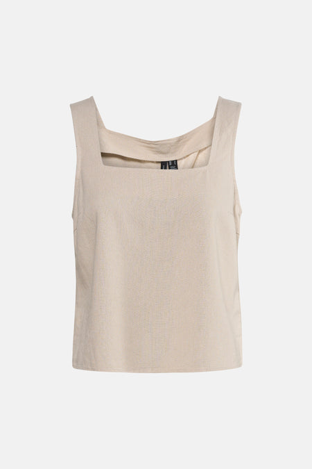 Top sans manches beige de VERO MODA®, avec une texture de lin et une coupe carrée.