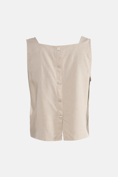 Top sans manches beige de VERO MODA, avec une patte de boutonnage et une coupe carrée.