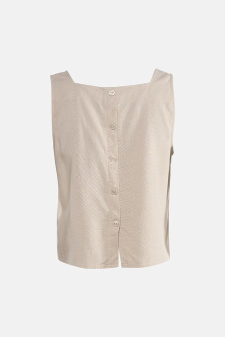 Top sans manches beige de VERO MODA, avec une patte de boutonnage et une coupe carrée.