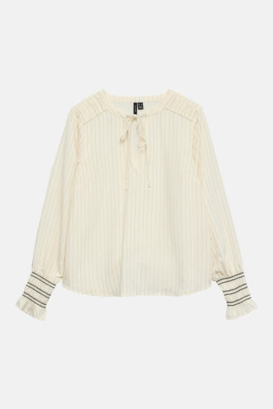 Blouse à manches longues écru de VERO MODA, rayures fines, manches froncées avec détails zig-zag.