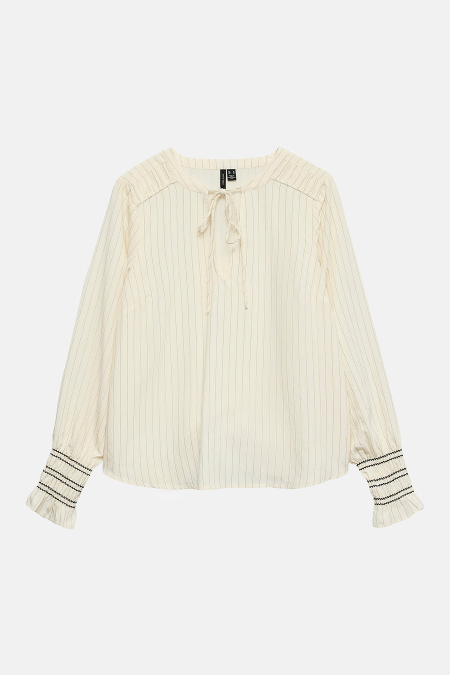 Blouse à manches longues écru de VERO MODA, rayures fines, manches froncées avec détails zig-zag.