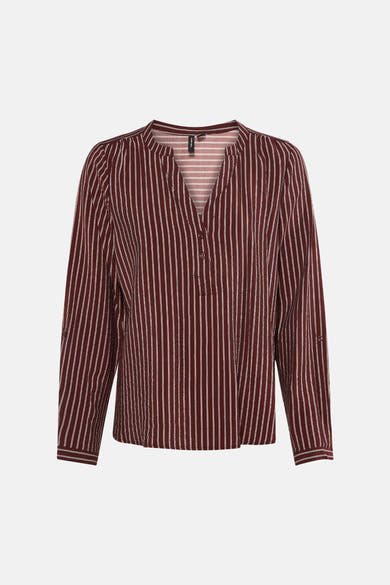 Blouse marron à rayures blanches de VERO MODA, manches longues avec boutons de réglage.