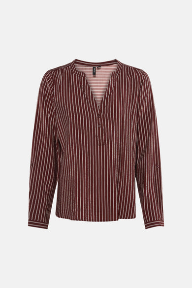 Blouse marron à rayures blanches de VERO MODA, manches longues avec boutons de réglage.