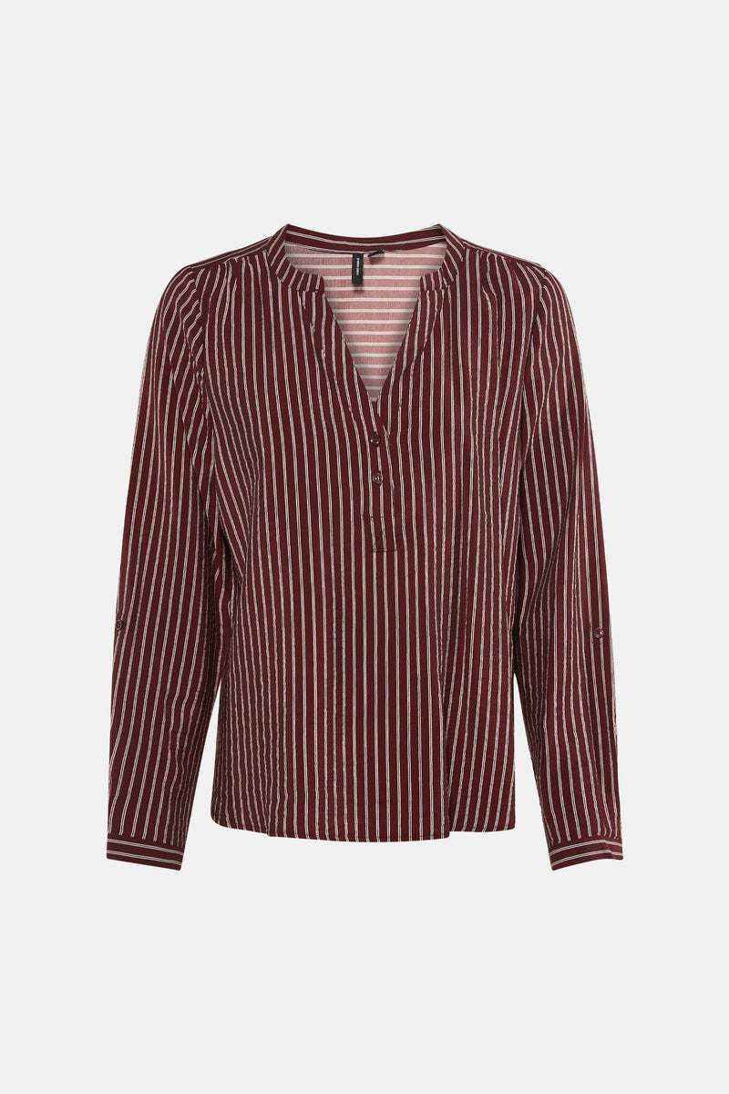 Blouse marron à rayures blanches de VERO MODA, manches longues avec boutons de réglage.