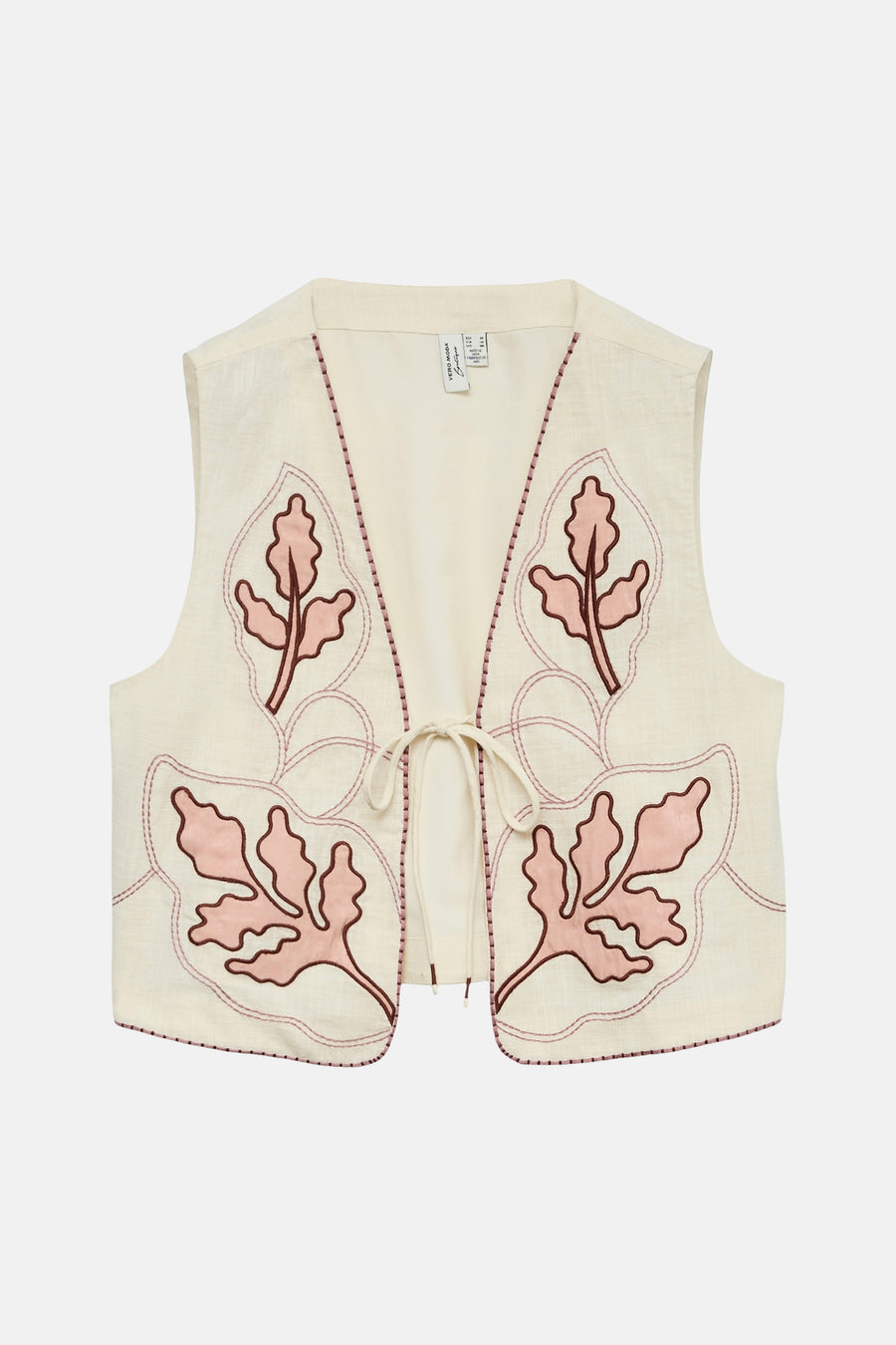 Gilet écru de VERO MODA® avec broderies de feuilles roses et marron, à nouer devant.