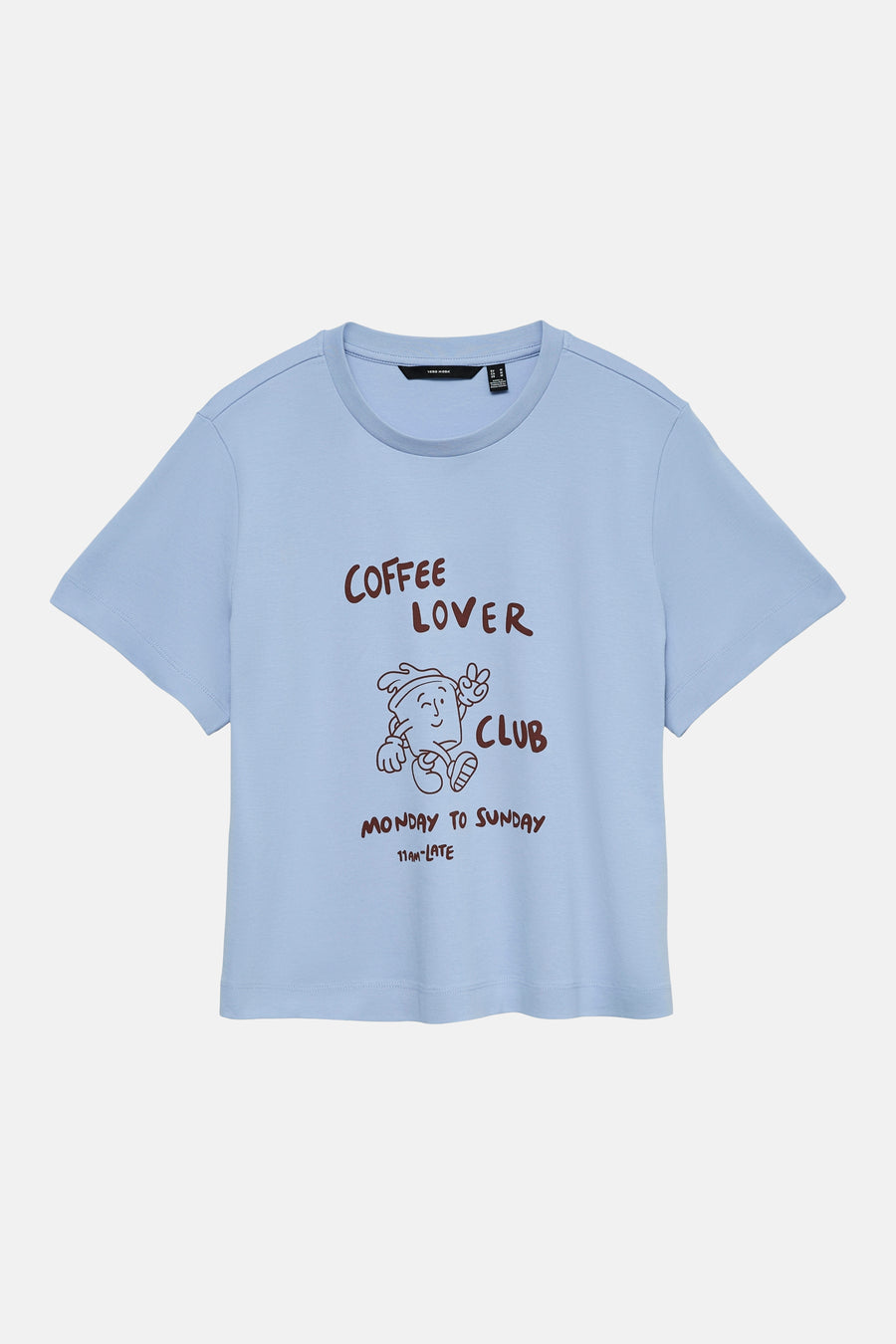 T-shirt bleu à manches courtes de Vero Moda avec inscription et illustration sur le devant.
