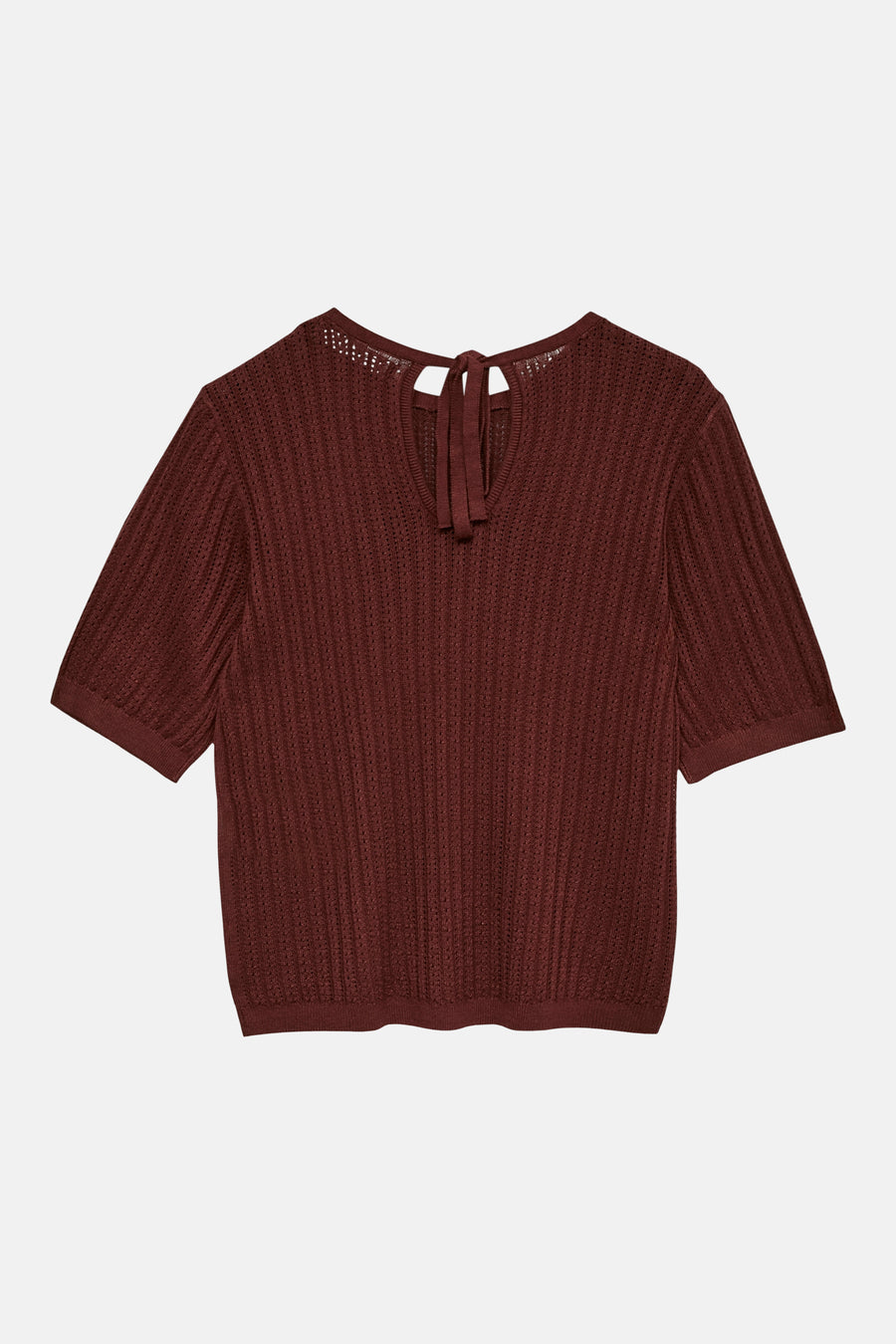 Pull à col rond brun de VERO MODA®, en maille ajourée avec un nœud décoratif à l'encolure dos.