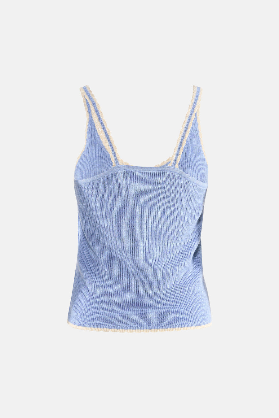 Gebreid blauw hemdje van VERO MODA met crèmekleurige geschulpte bandjes en zoom, achterkant.