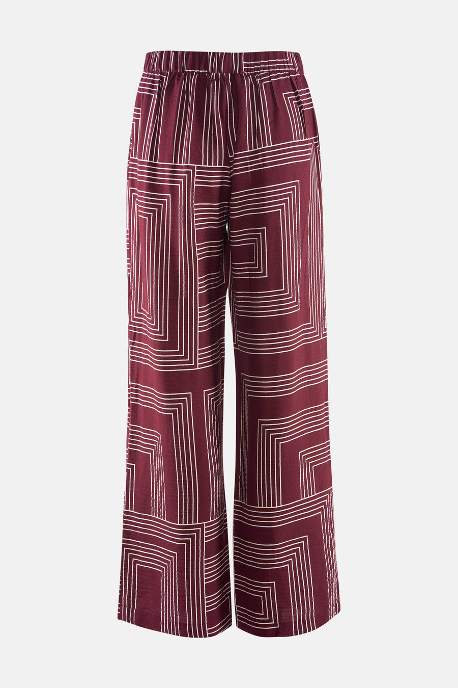 Pantalon multicolore de VERO MODA® à larges motifs géométriques blancs sur fond bordeaux.
