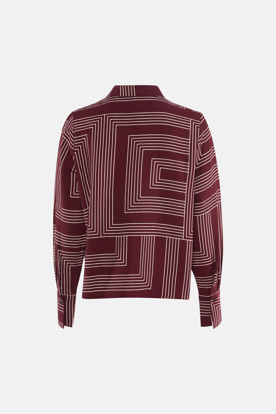 Chemise à manches longues bordeaux de VERO MODA® avec motif géométrique à lignes blanches, vue de dos.
