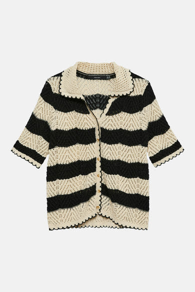 Gilet multicolore noir et beige de VERO MODA® à rayures en maille crochet avec col et bords festonnés.