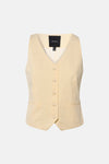 Gilet jaune à fines rayures de VERO MODA, avec col en V, boutons rayés et fausses poches.