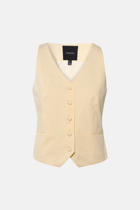 Gilet jaune à fines rayures de VERO MODA, avec col en V, boutons rayés et fausses poches.