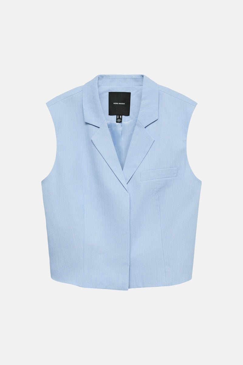 Lichtblauwe mouwloze blazer van VERO MODA® met ingesneden revers en opgestikte zak.
