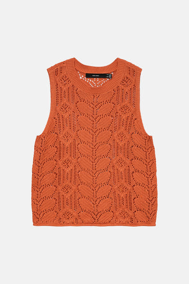 Pull orange en maille ajourée de Vero Moda, avec motif losanges.