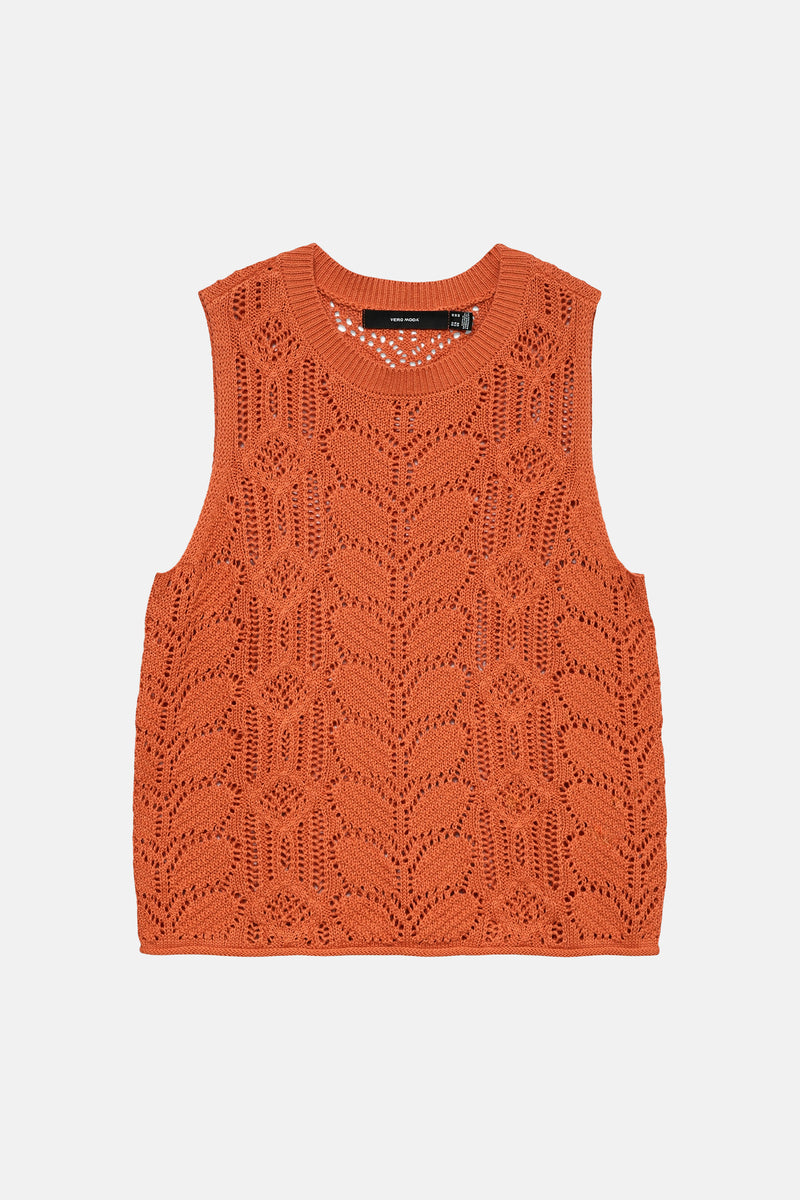 Pull orange en maille ajourée de Vero Moda, avec motif losanges.