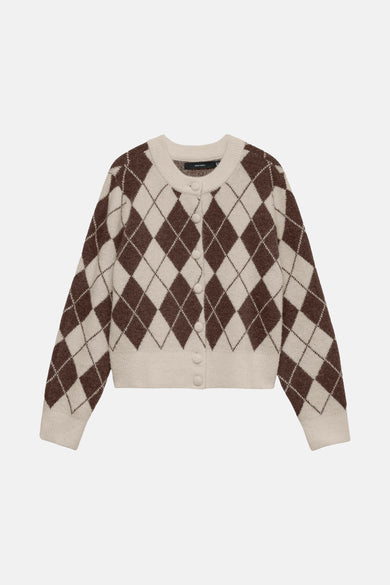 Multikleurige cardigan van VERO MODA, met bruin en beige ruitpatroon, met een rij knopen.