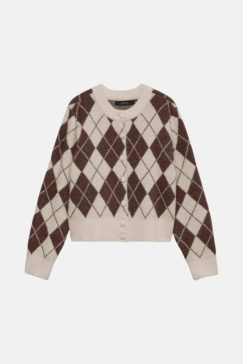 Multikleurige cardigan van VERO MODA, met bruin en beige ruitpatroon, met een rij knopen.