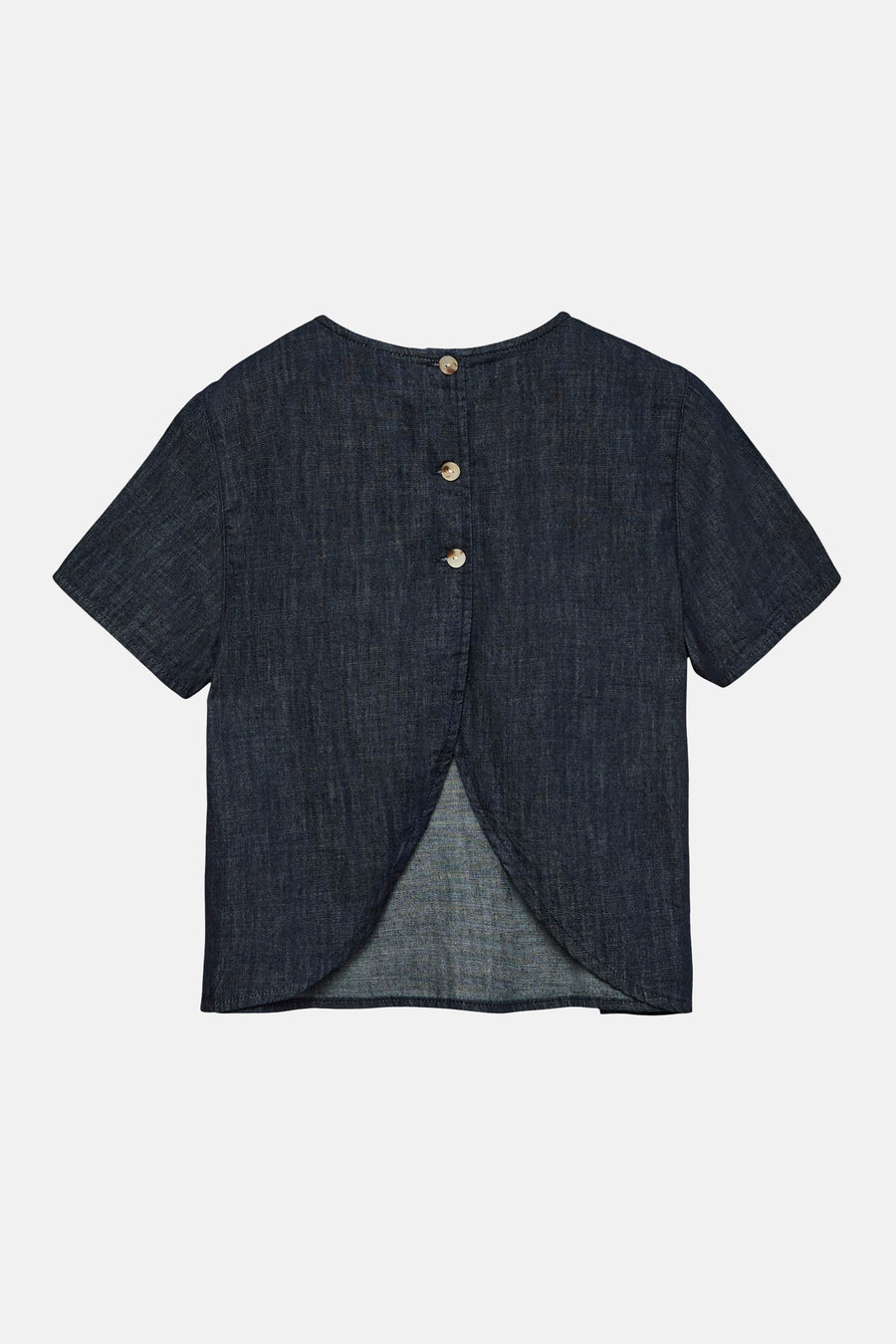 Kortemouwen blouse van donkerblauw denim van VERO MODA®, met knoopsluiting aan de achterkant.