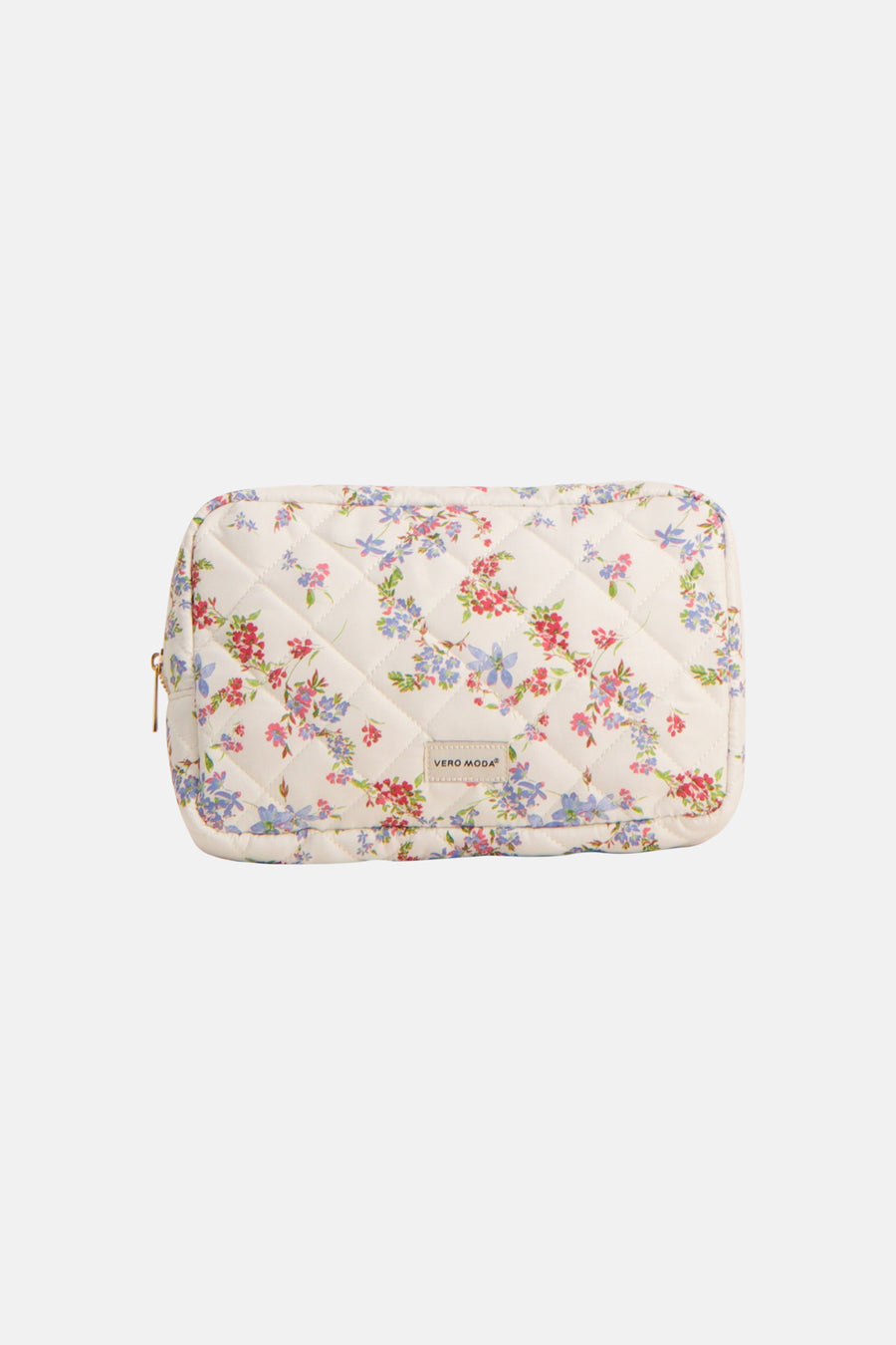 Beige toilettas van VERO MODA, meerkleurig bloemenpatroon, ruitvormig doorgestikt, gouden ritssluiting.
