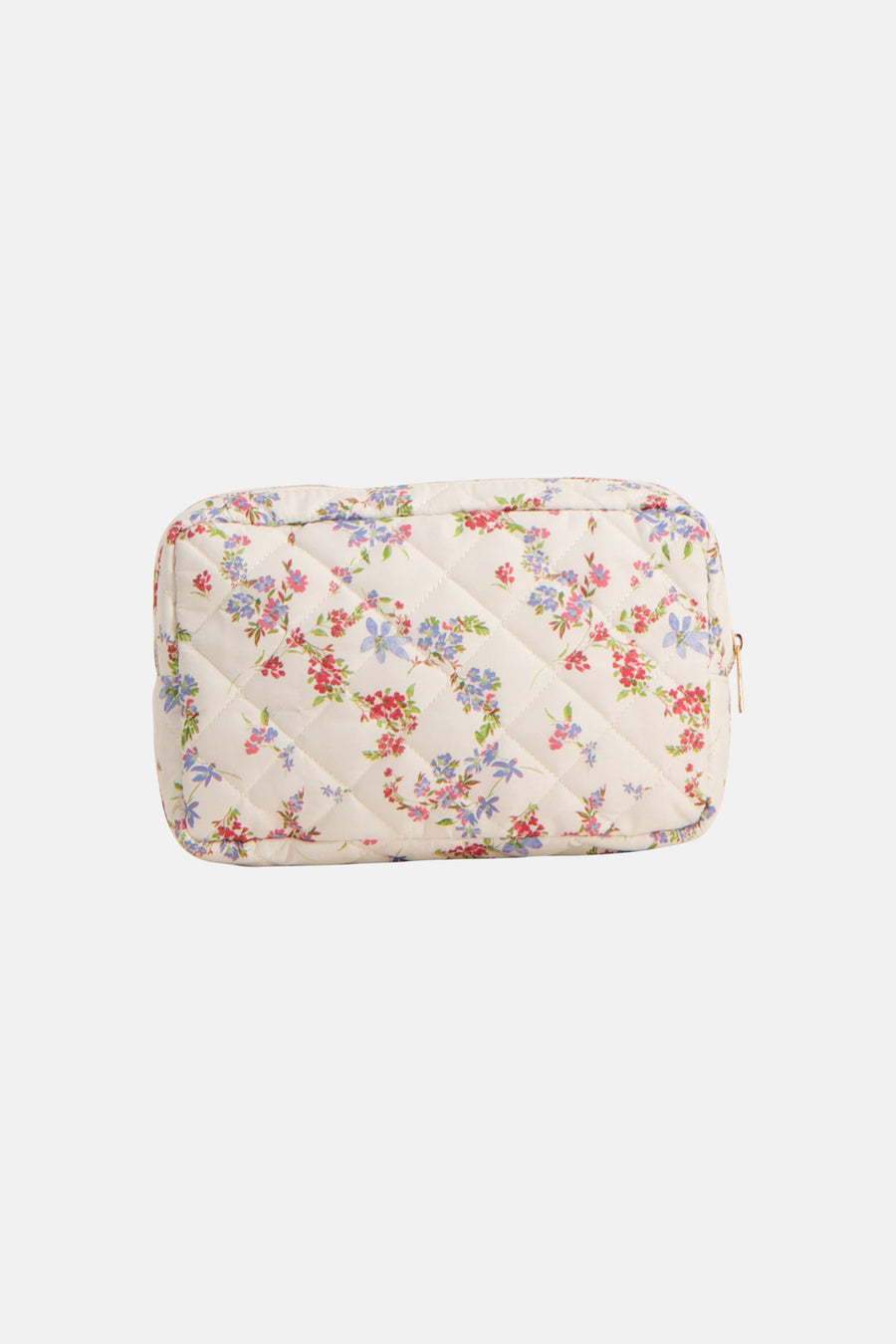 Trousse de toilette beige de VERO MODA, motif fleuri multicolore, matelassée en losanges, fermeture éclair dorée.