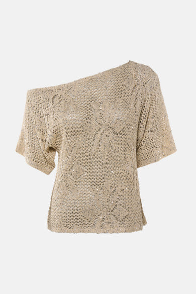 Pull beige de VERO MODA® en tricot ajouré à sequins, col une épaule et manches courtes.