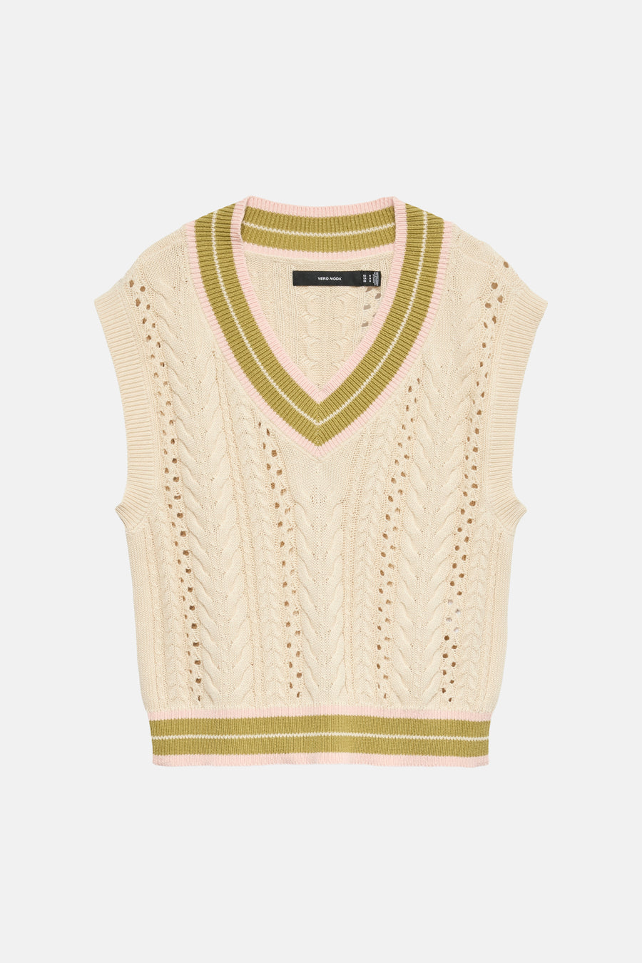 Gilet écru de VERO MODA® tricoté avec motifs tressés ajourés, col en V et bordures rayées vert olive et rose pâle.