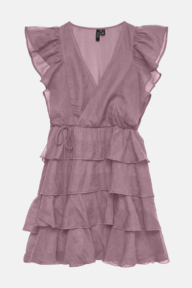 Roze jurk met ruches van VERO MODA, met overslaghals en een gelaagde rok.