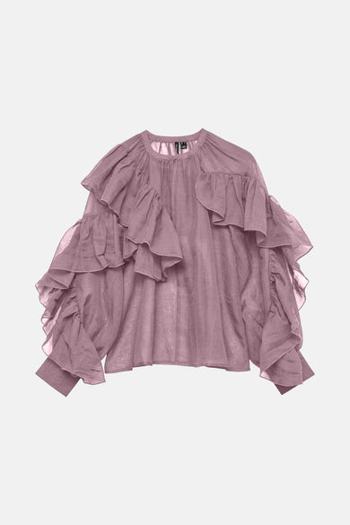 Roze blouse met lange mouwen van VERO MODA, met decoratieve ruches aan de voorkant en mouwen.