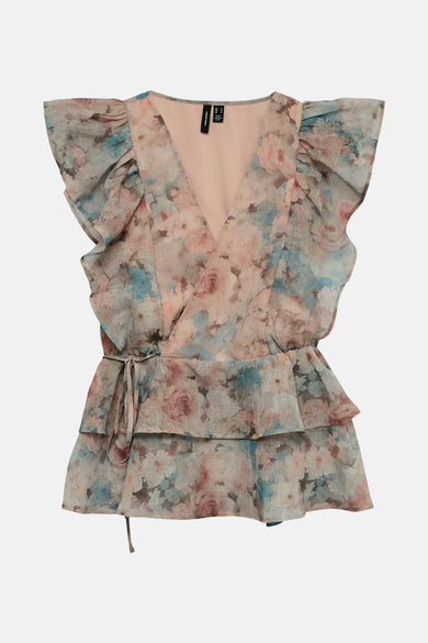 Multikleurige blouse met korte mouwen van VERO MODA, met bloemenprint, ruches en strikceintuur.