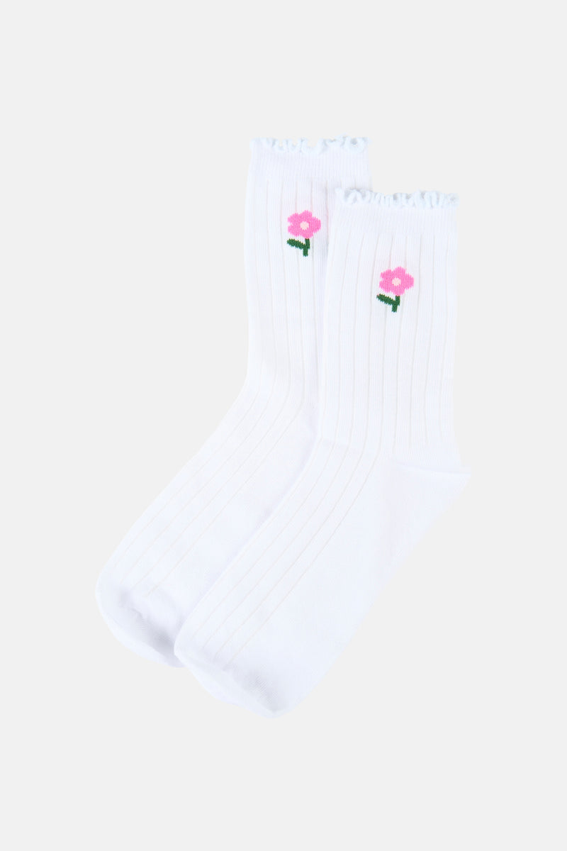 Witte geribbelde sokken van VERO MODA, versierd met roze en groene bloemenpatronen en geschulpte randen.