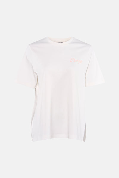 White short-sleeve t-shirt with pink "Pretzel" script on chest, front view, soft cotton texture