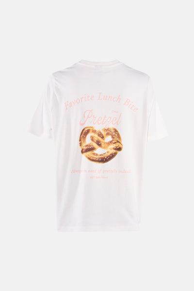 White short-sleeve T-shirt with pretzel graphic and pink text, back view, soft cotton material