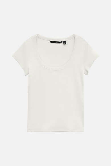 T-shirt blanc de VERO MODA à col rond, manches courtes et texture côtelée.