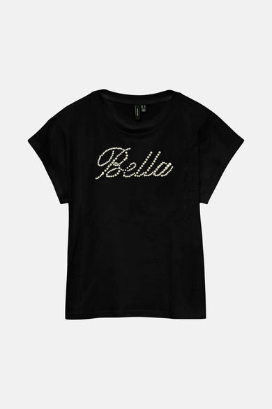 T-shirt noir à manches courtes de VERO MODA, orné du mot « Bella » en perles.