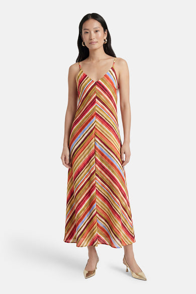 Robe midi multicolore de VERO MODA à rayures diagonales formant un chevron, avec bretelles fines.