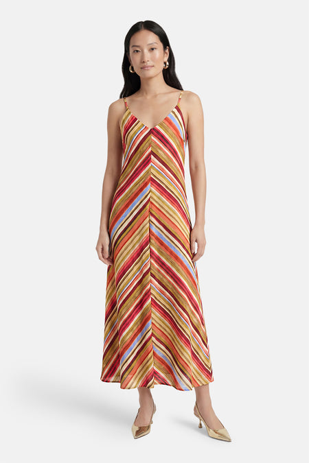 Robe midi multicolore de VERO MODA à rayures diagonales formant un chevron, avec bretelles fines.
