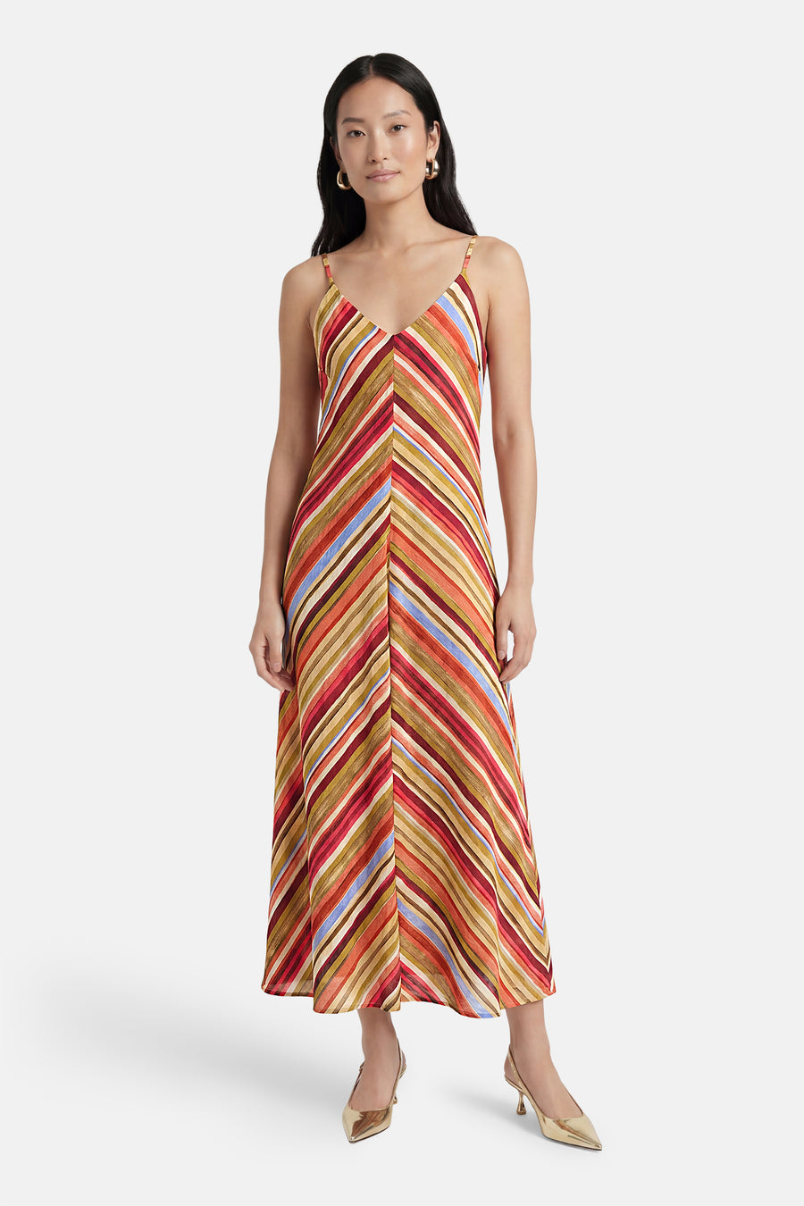 Robe midi multicolore de VERO MODA à rayures diagonales formant un chevron, avec bretelles fines.