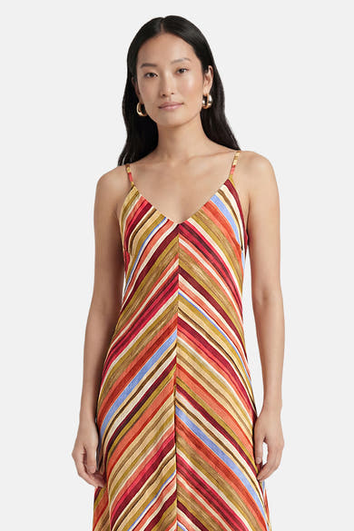 Robe multicolore de VERO MODA à rayures diagonales, col en V et fines bretelles.