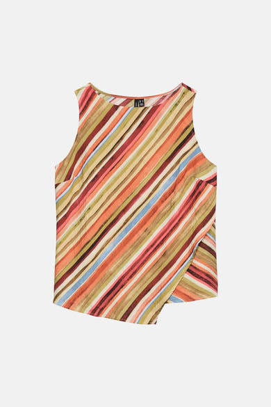 Multikleur mouwloos bloesje van VERO MODA met geborstelde diagonale strepen en een asymmetrische zoom.