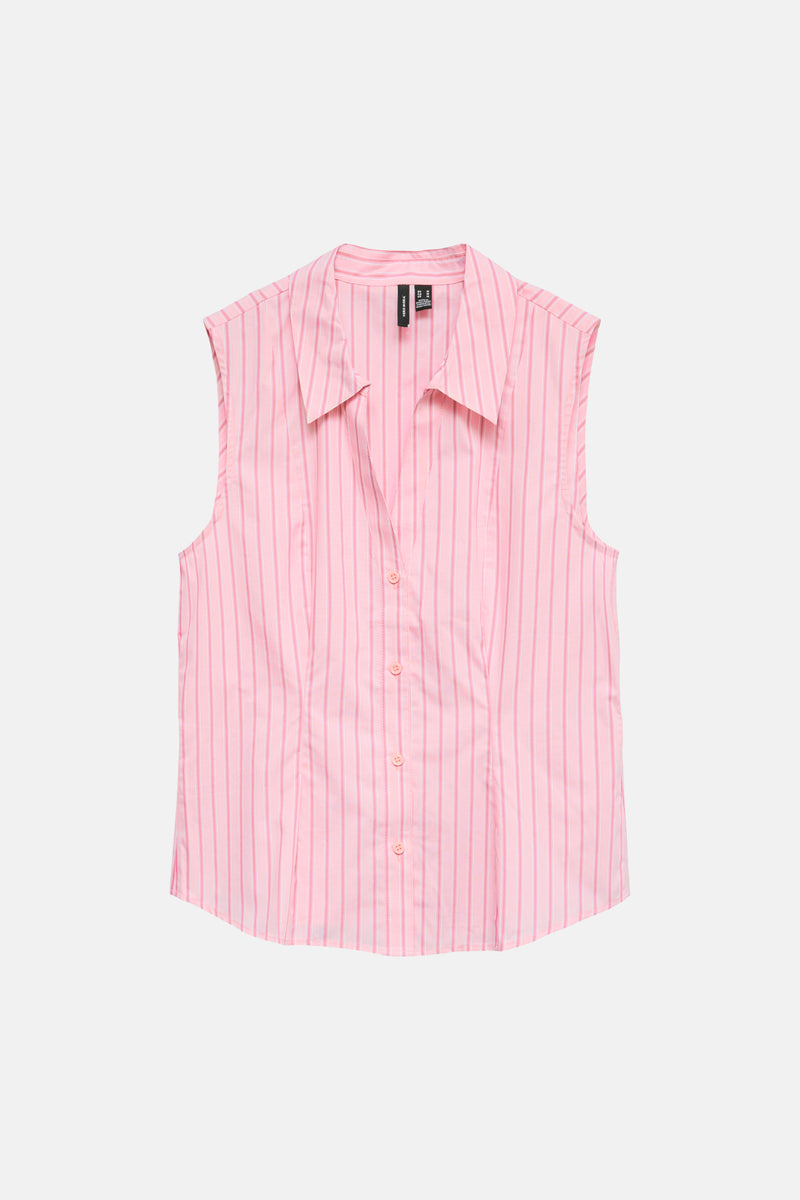 Chemisier rose sans manches de VERO MODA à rayures, col classique et boutons sur le devant.
