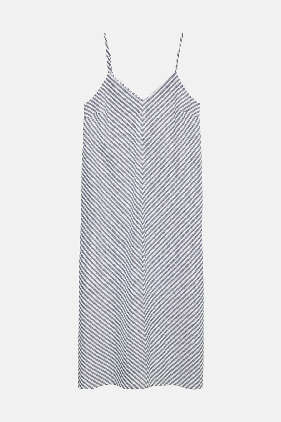 Robe mi-longue bleue à fines bretelles de VERO MODA® avec col en V et rayures diagonales bleues et blanches.