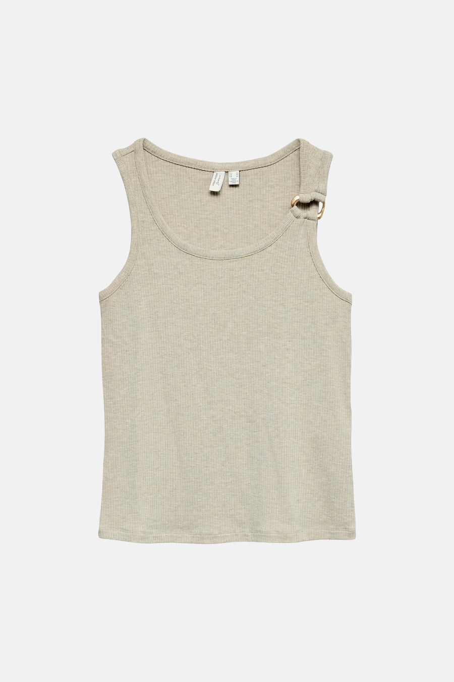 Beige mouwloze top van VERO MODA in ribgebreide stof met een gouden metalen ring op de schouder.