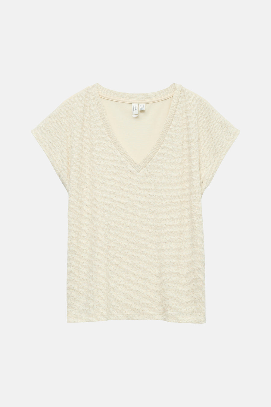 T-shirt beige à manches courtes de VERO MODA, avec un motif texturé en V et col en V.