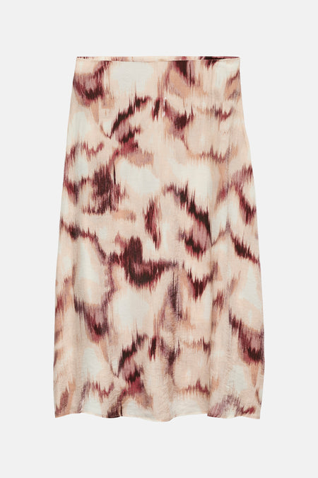 Jupe longue multicolore de VERO MODA avec un motif abstrait flou dans les tons crème, rose et bordeaux.