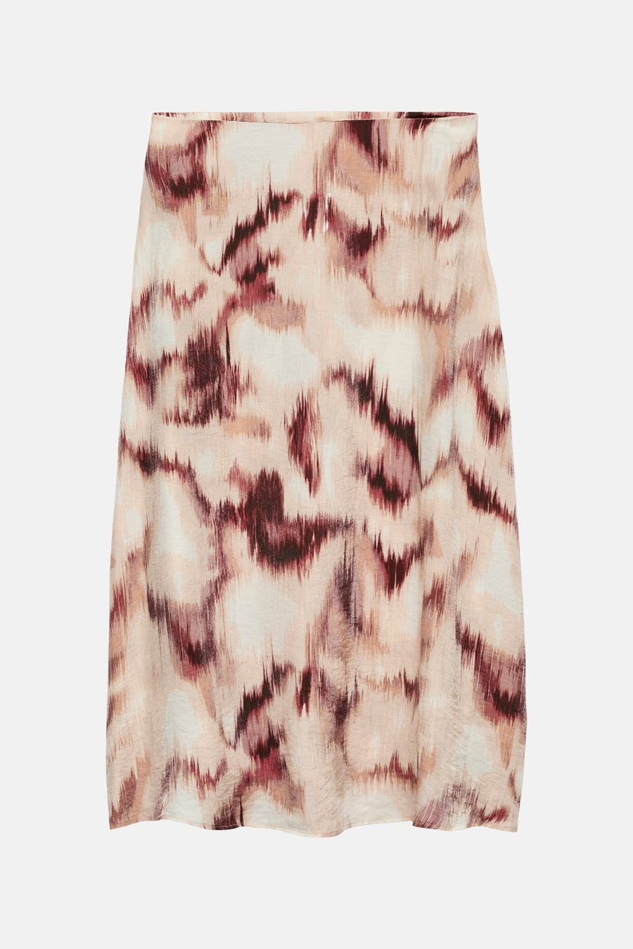 Multikleurige lange rok van VERO MODA® met wazig rood en perzik abstract patroon, geweven textuur.