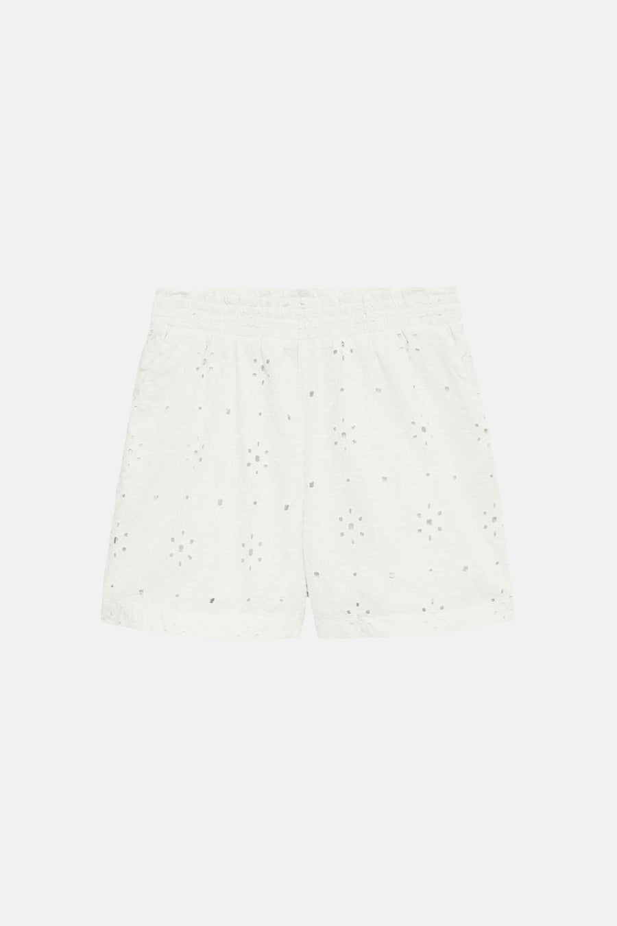 Short blanc de VERO MODA avec broderie anglaise florale et taille élastiquée.