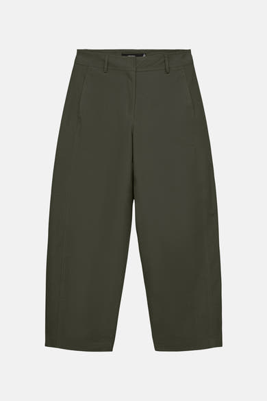 Olive green wide-leg trousers by VETEMENTS, featuring clean lines and front pleats, shown front view on white background.
