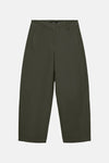 Olive green wide-leg trousers by VETEMENTS, featuring clean lines and front pleats, shown front view on white background.