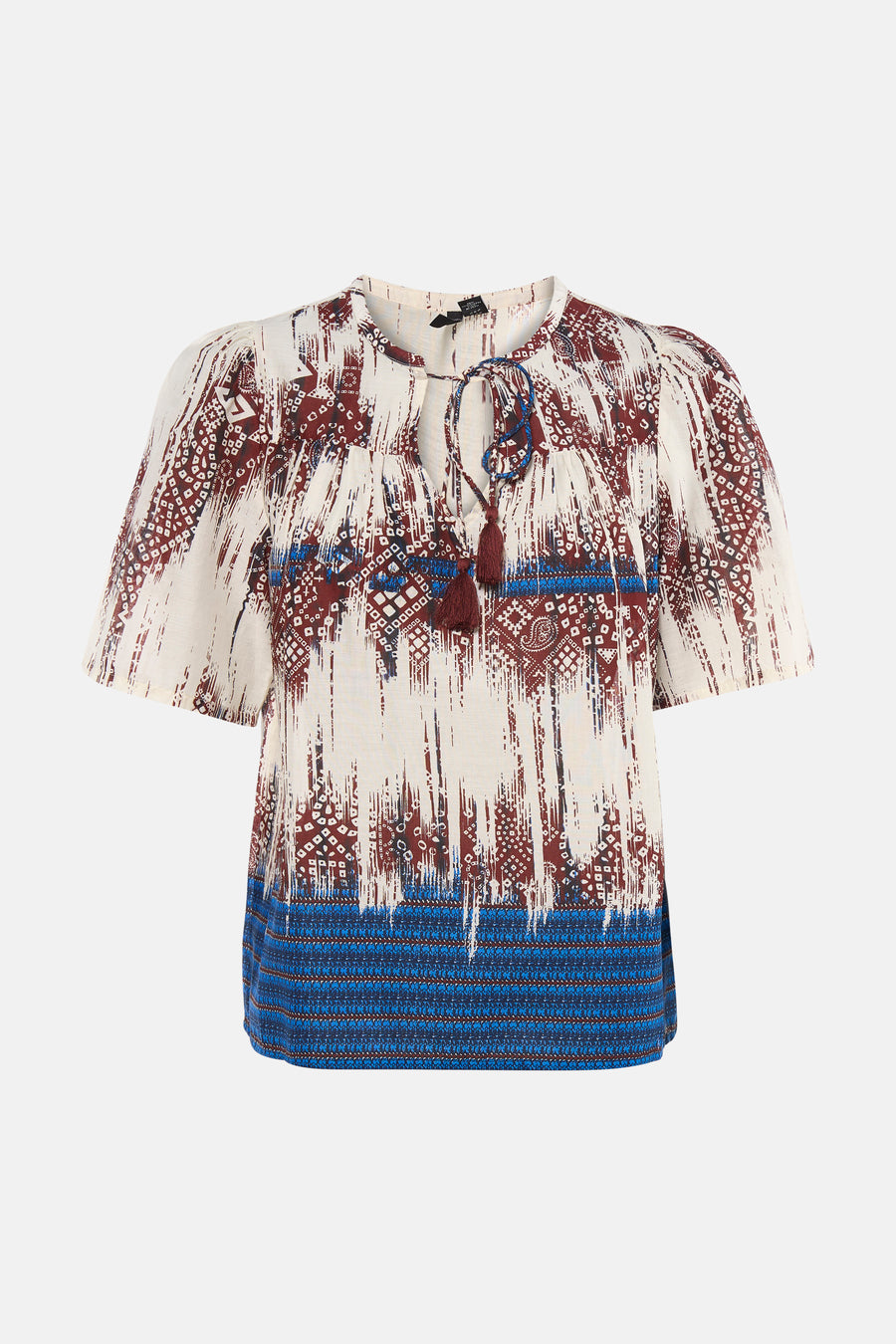 Blouse à manches courtes multicolore de VERO MODA, imprimée de motifs abstraits marron et bleus, avec des liens à pampilles.